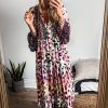 Women's Pink Western Leopard Printed 3/4 Sleeve Buttoned Front Tiered Maxi Dress - Image 5