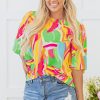 Women's Multicolour Abstract Print Pleated Half Sleeve Blouse with Keyhole Back - Image 6