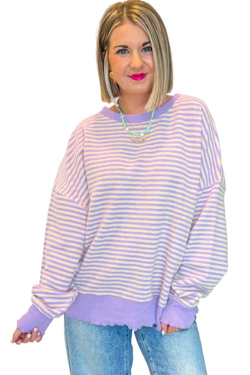 Women's Purple Stripe Loose Drop Shoulder Long Sleeve Top for Casual Wear