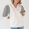 Elegant Women's White Geometric Textured Short Sleeve Blouse with Frilly V Neck - Image 3