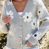 Women's Light Grey Floral Print V Neck Knitted Button Up Cardigan - Image 7