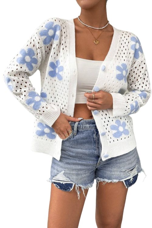 Women's White Flower Knit Hollow Out Open Short Cardigan - Elegant Floral Design