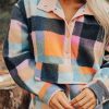 Women's Black Plaid Print Pocketed Half Button Collared Sweatshirt - Image 7