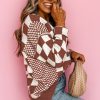 Women's Brown Checkered Print Drop Shoulder Round Neck Sweater - Image 3