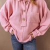 Women's Pink Ribbed Knit Collared Henley Top with Chest Pocket - Image 4