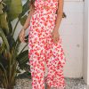 Women's Pink Floral Print Twisted Bandeau Keyhole Pleated Wide Leg Jumpsuit - Image 8