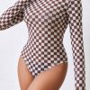 Women's Brown Checkered High Neck Long Sleeve Bodysuit - Image 3