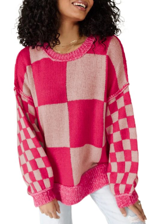 Women's Rose Red Mixed Checkered Pattern Drop Shoulder Sweater