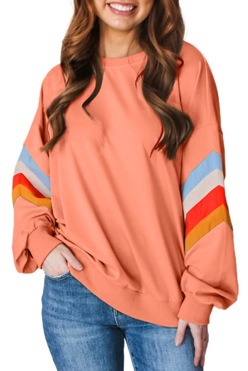 Women's Flamingo Rainbow Striped Sleeve Crew Neck Loose Sweatshirt