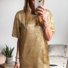 Women's Gold Metallic Luster Crewneck Mini T-Shirt Dress - Chic Casual Style - Image 3