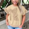 Women's Plus Size Parchment Ruffled Short Sleeve Top with Bowknot Applique - Image 8