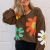 Women's Coffee Big Flower Pattern V Neck Drop Shoulder Sweater - Image 8