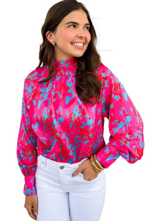 Women's Purple Printed Bubble Sleeve Mock Neck Blouse - Cozy and Chic