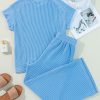 Women's Blue Solid Corded Knit Short Sleeve T-Shirt and Wide Leg Pants Set - Image 7