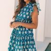 Women's Blue Retro Floral Print Ruffle Short Sleeve Mini Dress - Image 3