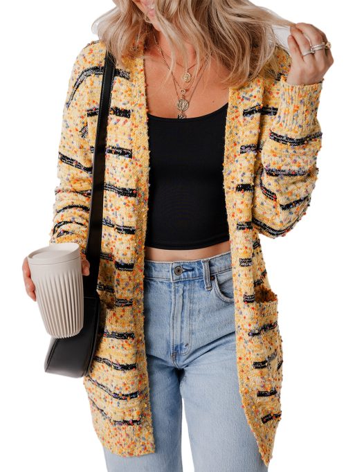 Chic Women's Beige Striped Pom Pom Knit Open Front Long Cardigan