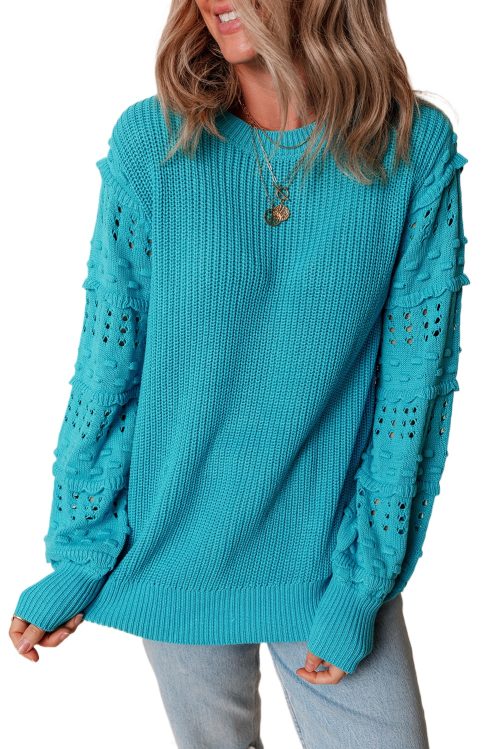 Women's Turquoise Ruffled Eyelet Bubble Sleeve Knit Sweater