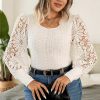 Plus Size Apricot Contrast Floral Guipure Lace Lantern Sleeve Blouse for Women - Image 5