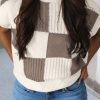 Chic Women's Khaki Checkered Color Block Crew Neck Short Sleeve Sweater - Image 6