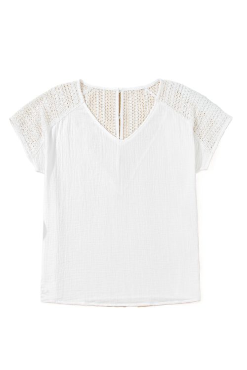 Women's White Lace Crochet Textured Button Back V Neck T-Shirt for Casual and Vacation Wear