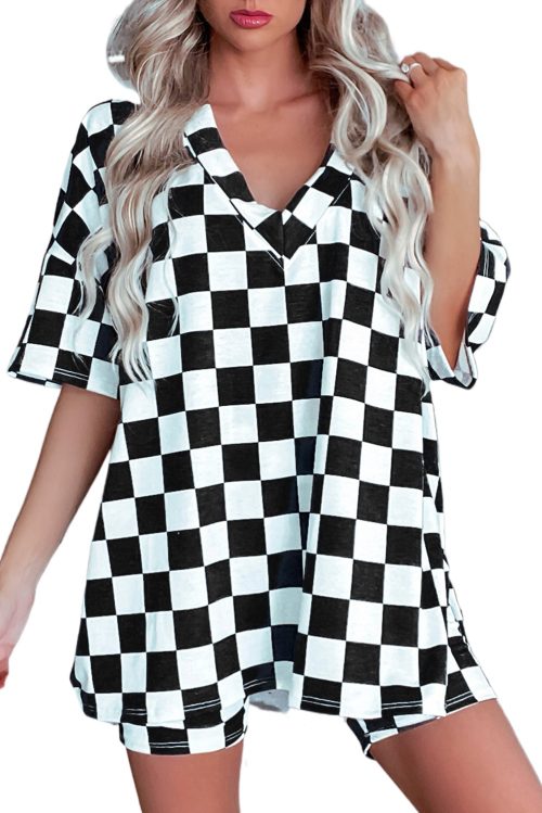 Women's Black Checkerboard Print V Neck Loose Tee and Shorts Lounge Set