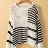 Women's White Stripe Hollow-out Openwork Knit Puff Sleeve Sweater - Image 6