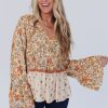 Women's Yellow Floral Bell Sleeve V Neck Wrapped Contrast Peplum Blouse - Image 8