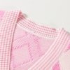 Women's Pink Rhombus Pattern Knit Open Front Cardigan with Pockets - Image 8