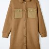 Women's Khaki Teddy Coat with Contrast Flap Pockets - Cozy Single Breasted Outerwear - Image 6