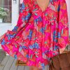 Plus Size Women's Rose Tropical Printed Lantern Sleeve V Neck Ruffled Mini Dress - Image 2