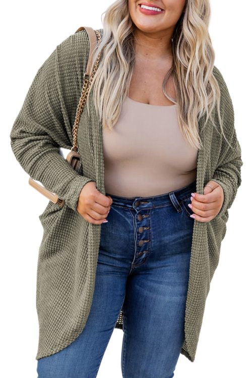 Cozy Seagrass Waffle Knit Plus Size Cardigan with Drop Shoulder and Pockets