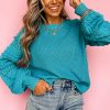 Women's Turquoise Ruffled Eyelet Bubble Sleeve Knit Sweater - Image 11