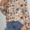 Women's Khaki Floral Print Loose Crew Neck Long Sleeve T-Shirt for Daily Wear - Image 2