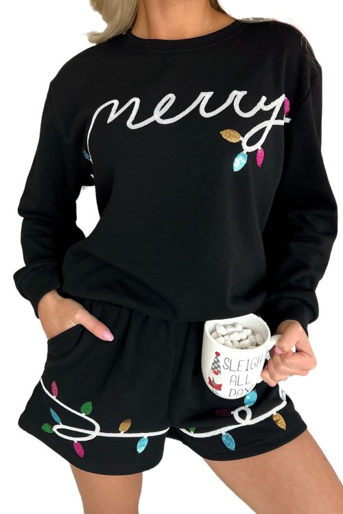 Women's Black Sequin Merry Graphic Pullover and Shorts Outfit