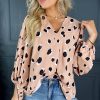 Women's Khaki Classic V Neck Leopard Print Long Sleeve Blouse - Image 5