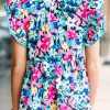 Plus Size Women's Blue Floral Flutter Sleeve Blouse with Tied Notched Neck - Image 3