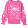 Women's Bright Pink Corded Flower Bow Casual Sweater with Puffed Sleeves - Image 16