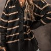 Women's Loose Fit Black Stripe V Neck Buttoned Drop Shoulder Cardigan - Image 2