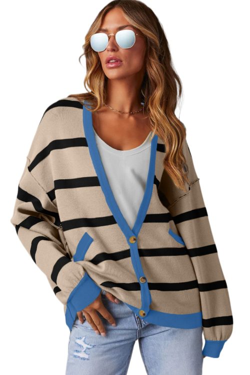 Women's Relaxed Fit White Colorblock Drop Shoulder Button Cardigan