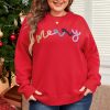 Fiery Red Tinsel Merry Pattern Drop Shoulder Plus Size Sweater for Women - Image 3