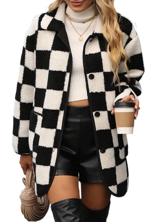 Women's Black Checkered Fleece Jacket with Side Pockets