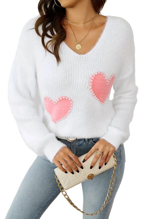 Women's White Pearl Beaded Heart Pattern Fuzzy V Neck Sweater for Daily Wear