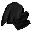 Women's Black Plain Half Zip V-Neck Ribbed Edge Loose Tracksuit - Image 17