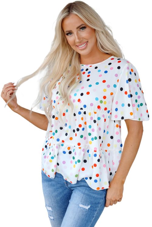 Women's White Colorful Polka Dot Short Sleeve Tiered Ruffled Babydoll Blouse