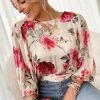 Women's Rose Floral 3/4 Sleeve Lace-up Back Blouse - Image 3