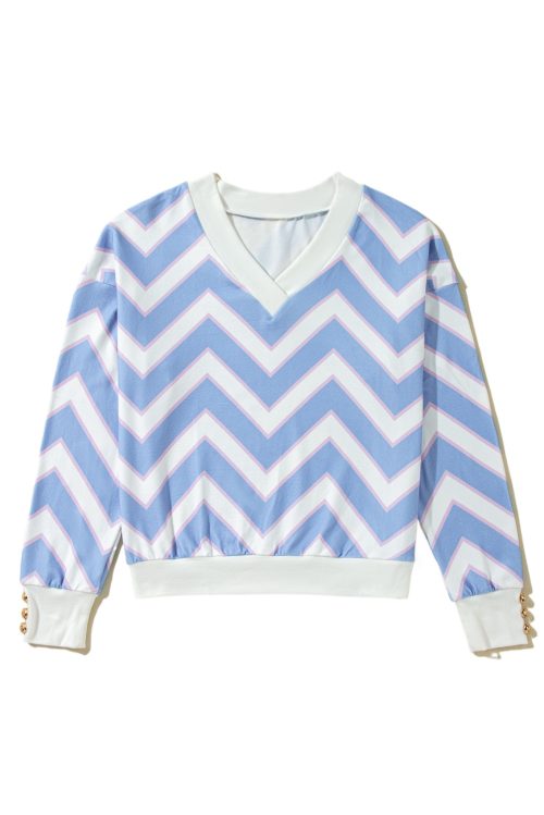 Women's Sky Blue Zigzag Striped Print V Neck Oversized Long Sleeve Top