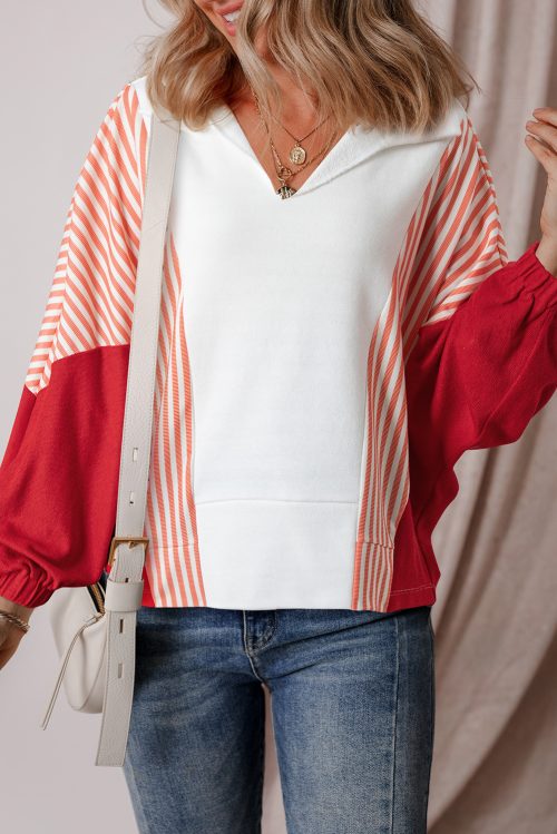 Women's Oversized White Striped Color Block Collared V Neck Sweatshirt