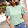 Women's Mist Green Textured Round Neck Short Puff Sleeve Top for Casual and Office Wear - Image 3