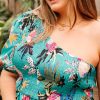 Plus Size Green Floral Smocked Bodice Babydoll Blouse with Puff Short Sleeves - Image 7