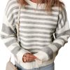 Women's Gray Stripe Drop Shoulder Crew Neck Sweater - Image 2